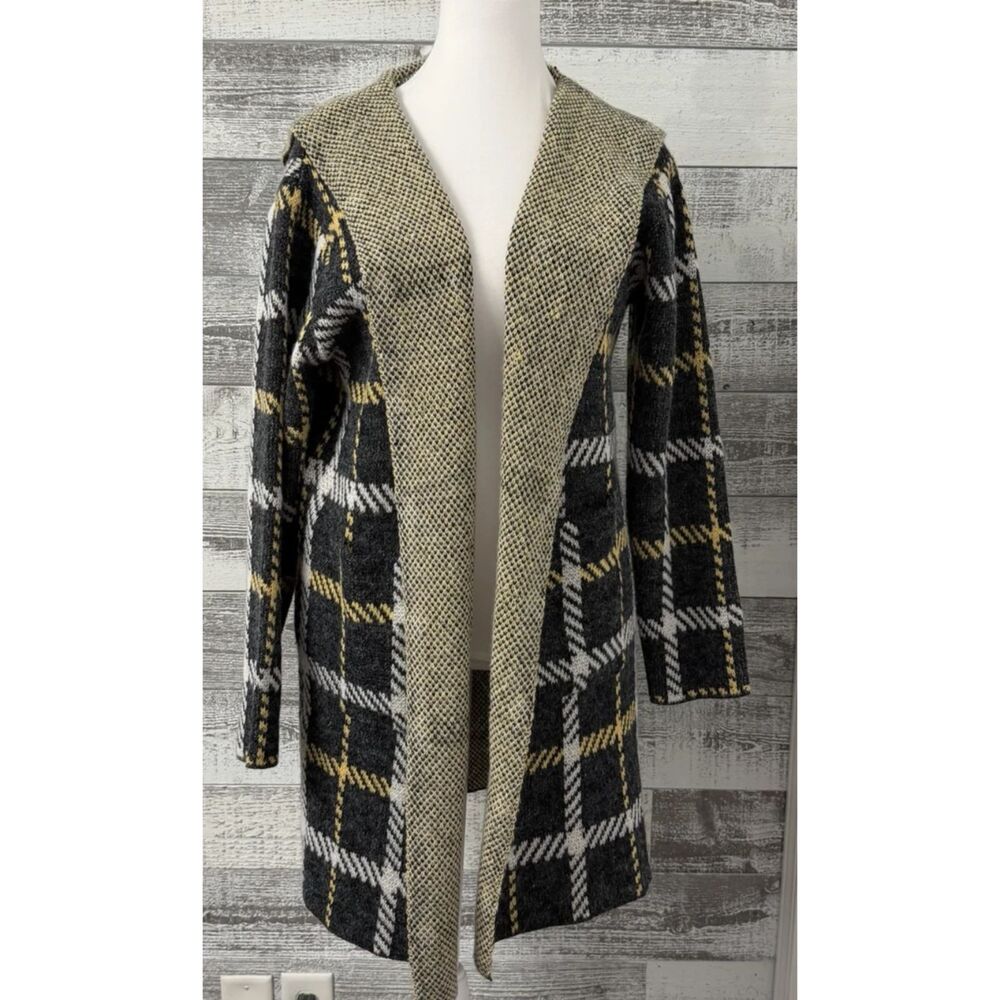 Creation Hooded Cardigan Duster Wool Blend Womens 2X Plaid Open Front (NWT)